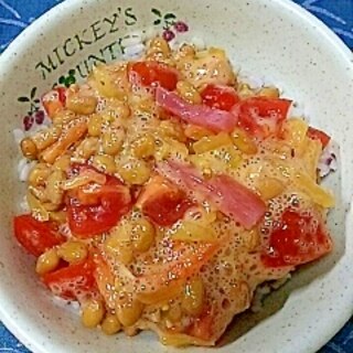 納豆の食べ方-トマト＆キムチ漬物♪